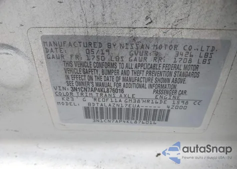 2019 Nissan Versa 1.6 S+ из США, поврежденный, VIN 3N1CN7AP4KL876016